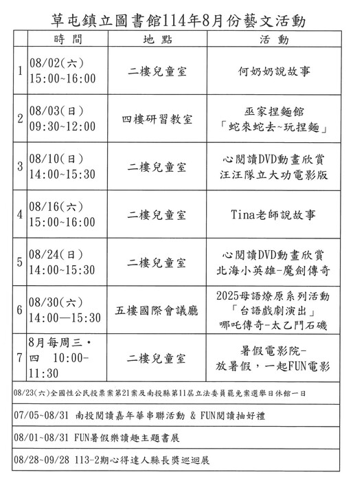 轉知草屯鎮圖書館「114年8月份藝文活動快訊」乙份圖片