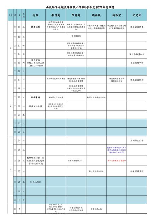 108學年度第二學期行事曆1-2月份(暫定)