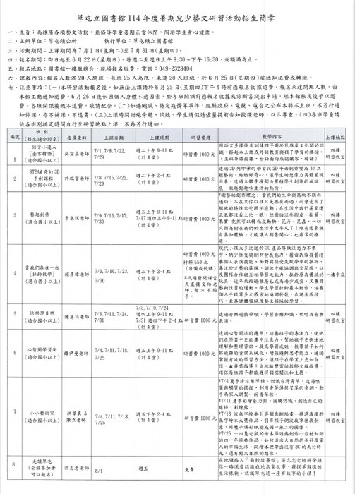 「114年6月份藝文活動快訊」及「114年 暑期兒少藝文研習活動招生簡章」圖片